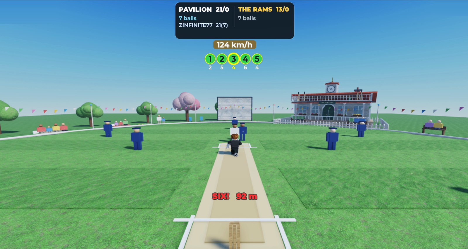 A Pavilion match in progress, the scoreboard showing both teams.