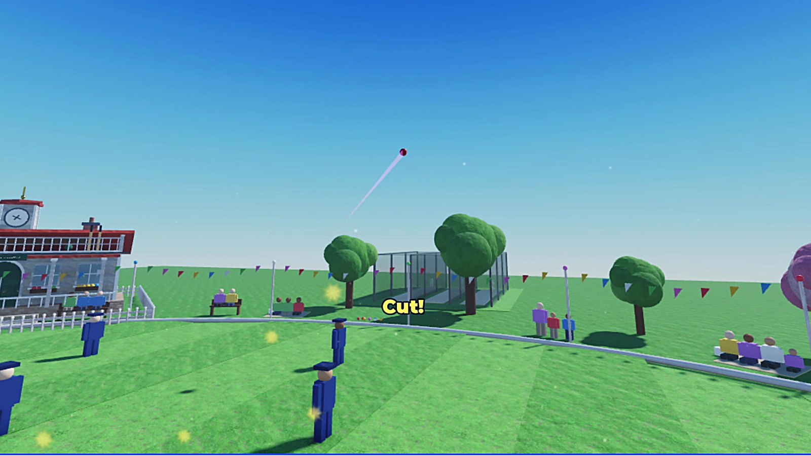 A six in Pavilion, the ball's trail climbing into a blue sky.