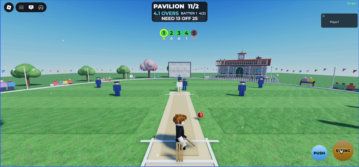 A batter at the crease facing the bowler. The scoreboard reads Pavilion 11 for 2, four point one overs, needing 13 off 25.
