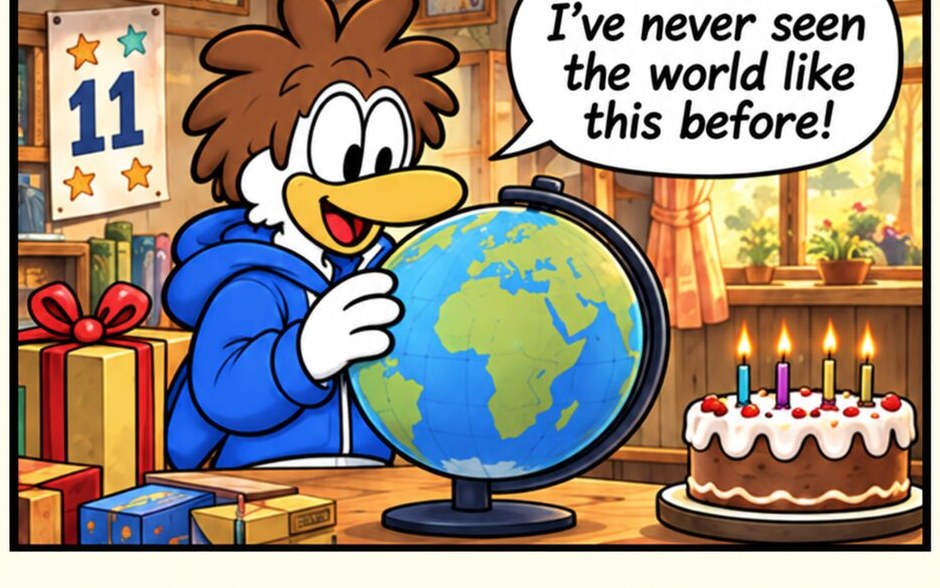 Gully, a young seagull in a blue hoodie, holding a globe.