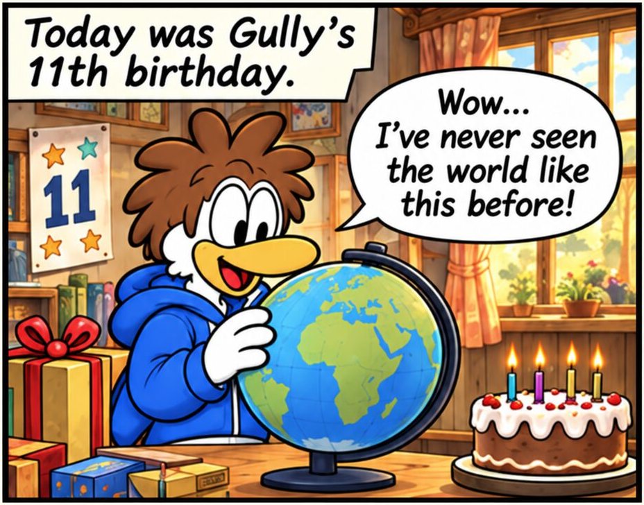 Panel 1. Gully, a young seagull in a blue hoodie, holds a world globe in a wooden room strung with birthday presents and a cake. A sign on the wall reads 11. Caption: today was Gully's eleventh birthday. Gully says he has never seen the world like this before.