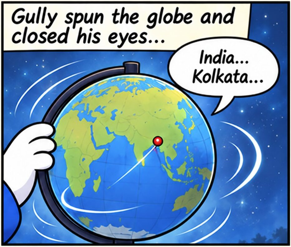 Panel 2. A close view of the spinning globe against a night sky, a red pin dropping onto the Indian subcontinent. Caption: Gully spun the globe and closed his eyes. A voice says India, Kolkata.