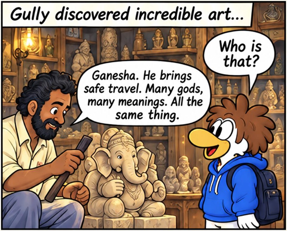 Panel 4. An artisan carves a stone Ganesha in a workshop lined with statues, explaining that Ganesha brings safe travel, while Gully watches and asks who that is.