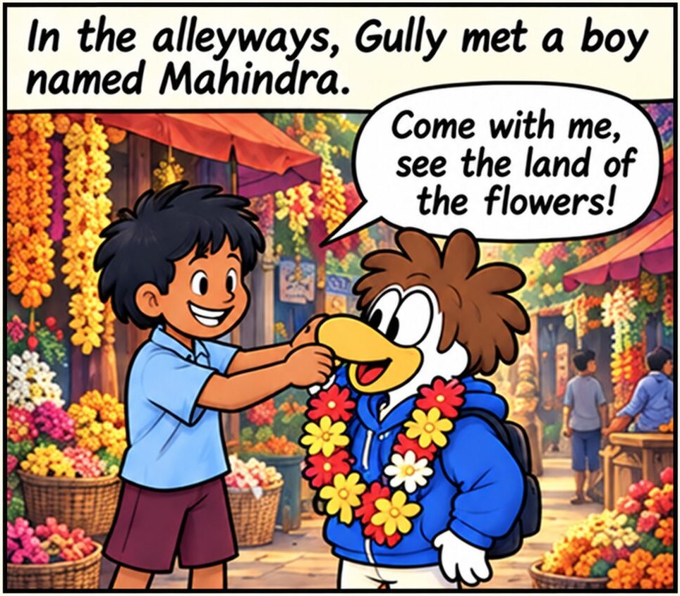 Panel 5. In a flower market hung with marigold garlands, a boy named Mahindra places a garland around Gully's neck and invites him to see the land of the flowers.