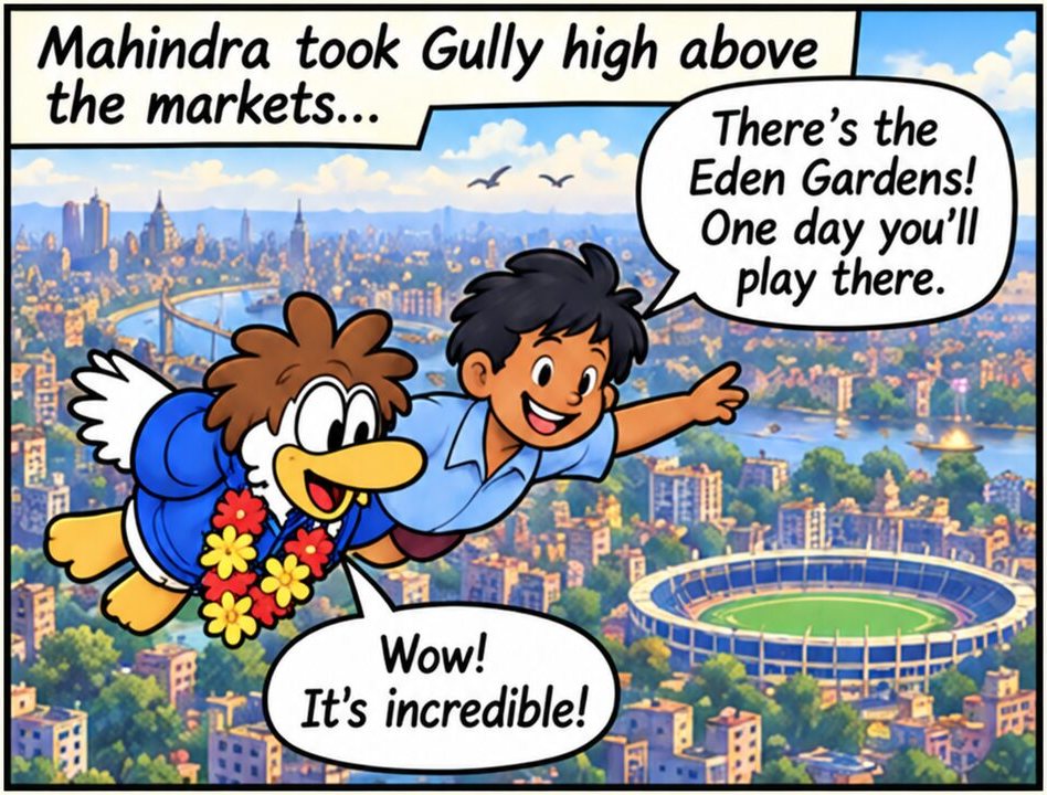 Panel 6. Mahindra and Gully fly together high above Kolkata. Mahindra points down at Eden Gardens cricket ground and says that one day Gully will play there.