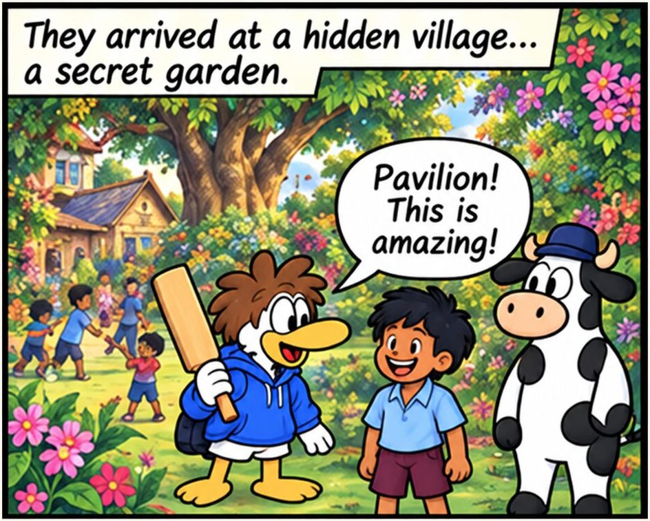 Panel 7. Gully arrives at a hidden village garden in full flower, holding a cricket bat, with Mahindra and Willow beside him and children playing behind. Gully says Pavilion, this is amazing.