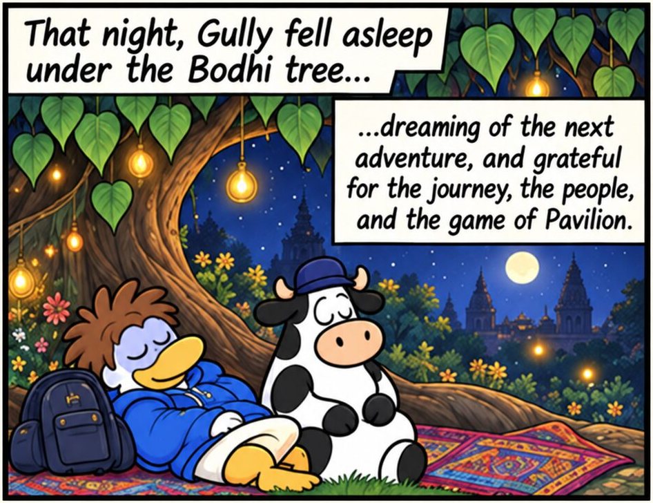 Panel 9. Gully sleeps on a rug beneath a lantern-lit Bodhi tree with Willow resting beside him, the lit city behind. Caption: dreaming of the next adventure, and grateful for the journey, the people, and the game of Pavilion.