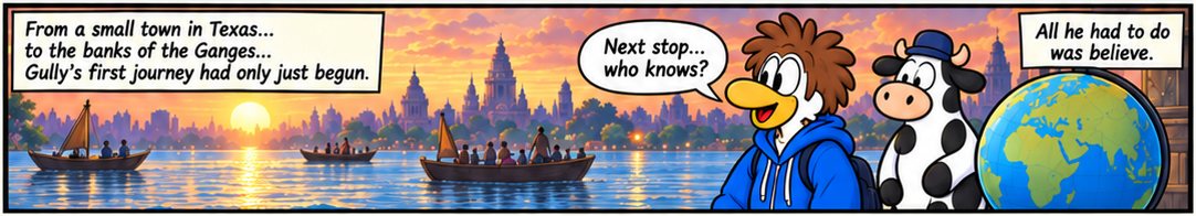 Panel 10. A wide sunset over the Ganges, boats on the water. Gully and Willow stand beside a globe. Caption: from a small town in Texas to the banks of the Ganges, Gully's first journey had only just begun. Next stop, who knows. All he had to do was believe.