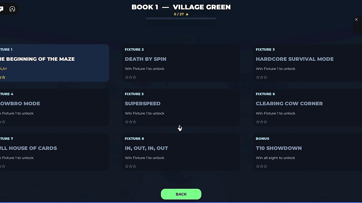 The season screen showing Book One, Village Green, and its list of fixtures.