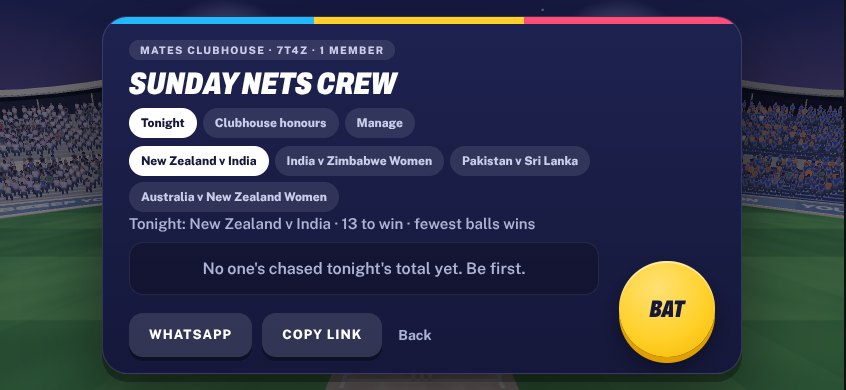 A clubhouse in Pavilion with its own board for tonight's chase, plus WhatsApp and Copy link buttons