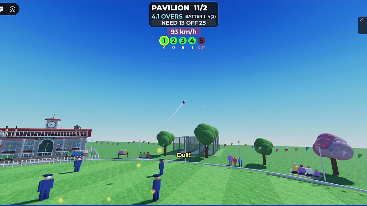 A six sailing over the boundary towards the pavilion.